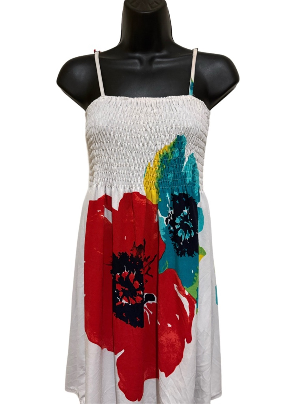 White Smocked Sundress with Large Red & Teal Floral Print❤️